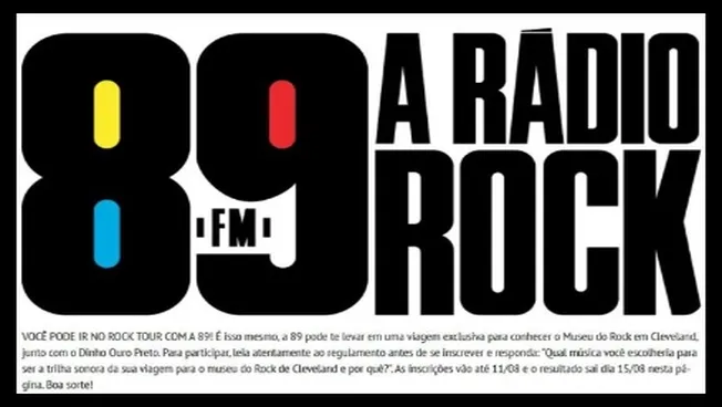 Imagem promocional da Rádio 89 FM A Rádio Rock anunciando o concurso cultural que levará um ganhador com acompanhante para conhecer o Museu do Rock em Cleveland, nos Estados Unidos, ao lado de Dinho Ouro Preto. A ação é gratuita e válida até 11 de agosto de 2025.