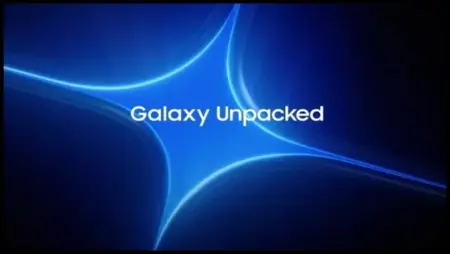 Logo do evento Galaxy Unpacked da Samsung em fundo azul com efeito de luz.