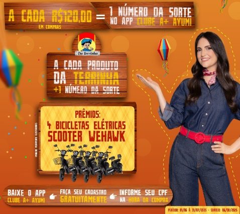 Banner da Promoção Arrayumi 2025 dos Ayumi Supermercados com destaque para bicicletas elétricas Scooter Wehawk, prêmios e detalhes de participação.