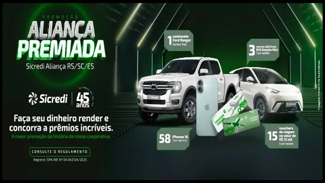 A imagem promocional da campanha Aliança Premiada Sicredi destaca os prêmios oferecidos aos associados da Sicredi Aliança RS/SC/ES. Ao fundo, vemos uma caminhonete Ford Ranger e um carro elétrico BYD Dolphin Mini, além da exibição de um iPhone 16 e vouchers de viagem. A campanha celebra os 45 anos da cooperativa, oferecendo 77 prêmios no total.