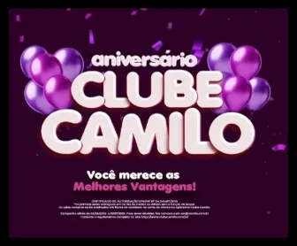Banner promocional do aniversário do Clube Camilo com balões roxos e mensagem "Você merece as Melhores Vantagens".