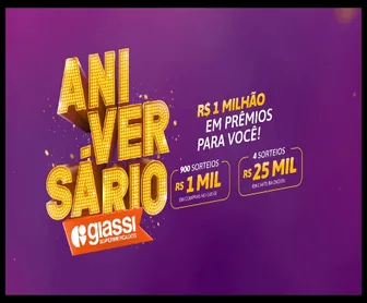Promoção de aniversário Giassi Supermercados 2025 com R$ 1 milhão em prêmios, incluindo sorteios de R$ 1 mil e R$ 25 mil.