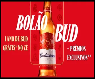 Imagem da promoção Bolão Budweiser 2025 com uma garrafa de Budweiser ao centro e os dizeres “1 ano de Bud grátis no Zé” e “+ prêmios exclusivos”.