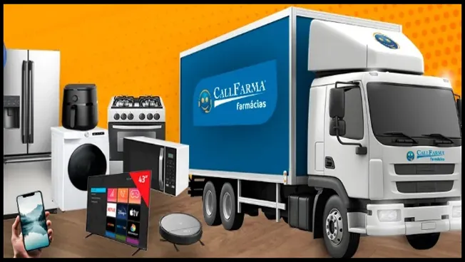 Ilustração promocional da campanha Caminhão de Prêmios CallFarma 2025, com um caminhão azul da farmácia ao lado de diversos prêmios como geladeira, fogão, TV, celular, aspirador robô, air fryer e outros, representando a premiação de R$ 25.000 em cartão pré-pago.
