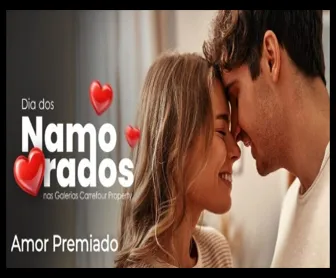 Casal sorridente com as testas encostadas, em clima romântico, com corações flutuando e o texto “Dia dos Namorados nas Galerias Carrefour Property – Amor Premiado”.