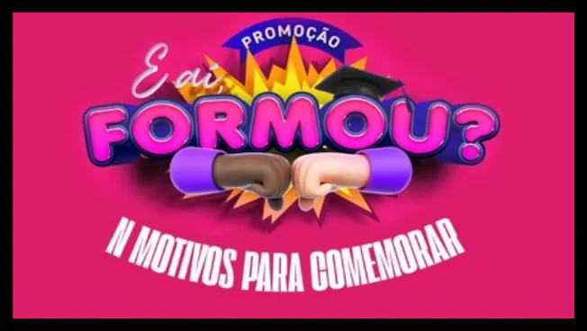 Imagem promocional da campanha “E aí, Formou?” da Nível Superior Formaturas, com fundo rosa vibrante, a frase "N motivos para comemorar", explosão gráfica ao fundo e dois punhos se cumprimentando, representando a celebração da formatura.