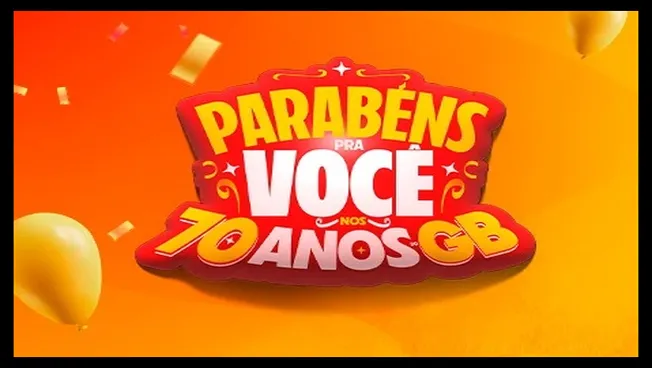 Imagem promocional em tons vibrantes de laranja, com destaque para a mensagem “Parabéns pra você nos 70 anos GB” em letras grandes e coloridas, cercada por balões dourados e confetes, representando a campanha de aniversário da rede GBarbosa válida nos estados de AL, CE, PE e SE.