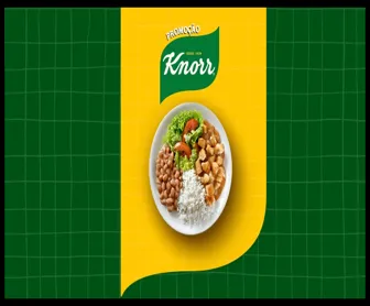 A imagem apresenta um prato típico brasileiro com arroz branco, feijão, salada verde e carne ao molho, sobre fundo verde e amarelo com o logotipo da promoção Knorr. A campanha destaca a chance de ganhar prêmios instantâneos e participar do sorteio final de R$100 mil ao comprar produtos Knorr e cadastrar os cupons fiscais.
