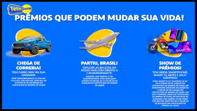 A imagem promocional da campanha "Painel do X pelo Brasil" da Tele Sena São João 2025 apresenta três colunas de prêmios. À esquerda, o destaque é um carro 0 km; ao centro, uma viagem pelo Brasil com acompanhante; e à direita, diversos prêmios como smartphones, smart TVs, moto e vales-compras. O fundo é azul vibrante, com ícones ilustrativos de cada prêmio e textos explicativos. O título principal diz: “Prêmios que podem mudar sua vida!”