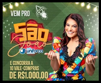 Mulher sorridente com vestido junino colorido ao lado do texto “Vem pro São João Rede Uniforça e concorra a 10 vale-compras de R$1.000,00