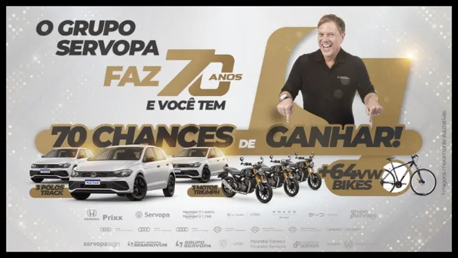 promoção aniversário 70 anos grupo servopa com prêmios incluindo carros polo track, motos triumph e bicicletas vw