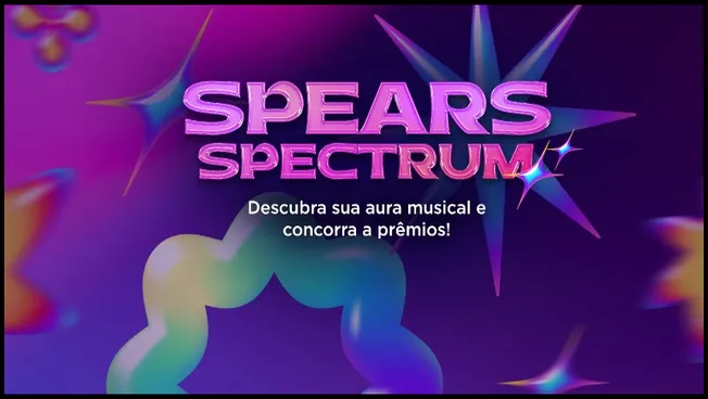 Imagem promocional da campanha Spears Spectrum criada pela Sony Music Brasil. O visual apresenta o logotipo em tons de rosa com brilho e fundo roxo com efeitos psicodélicos, destacando o convite: "Descubra sua aura musical e concorra a prêmios!". Ideal para fãs da Britney Spears interessados em uma promoção cultural sem necessidade de compra.