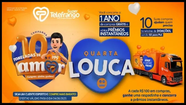 Imagem promocional da campanha “10 Toneladas de Amor” do Supermercado Telefrango em Fortaleza. O destaque visual inclui o mascote da marca, um coração azul com o texto “Quarta Louca” e um caminhão laranja com a frase “Amor é o que move!”. A campanha oferece prêmios como um ano de compras grátis, raspadinhas com prêmios instantâneos e doação de 10 toneladas de alimentos a instituições de caridade e abrigos de animais.