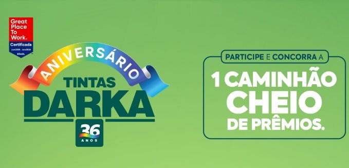 Imagem promocional oficial da Promoção Aniversário Tintas Darka 2025, destacando o caminhão cheio de prêmios e o valor principal de R$ 50 mil em um cartão de crédito. Ilustra a campanha de 36 anos da marca, incentivando o consumidor a realizar compras, cadastrar notas fiscais e ganhar números da sorte para concorrer ao sorteio.