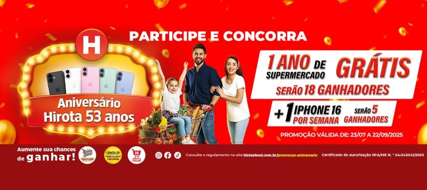 Imagem promocional do Aniversário Hirota Supermercados 53 Anos mostrando prêmios como vales-compras equivalentes a 1 ano de supermercado grátis e iPhones 16 sorteados semanalmente para quem comprar nas lojas físicas ou online entre 23/07/2025 e 22/09/2025 em cidades do estado de São Paulo.