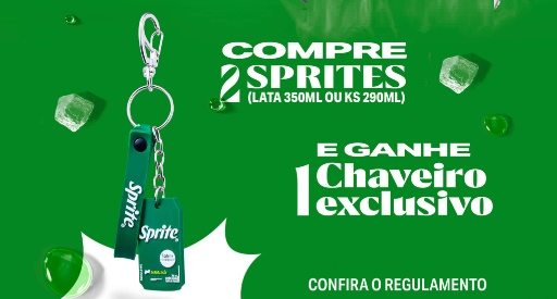 Imagem oficial da campanha Sprite Que Refresca, destacando o brinde colecionável. Ação válida em São Paulo para quem comprar 2 Sprites nas embalagens 350ml ou 290ml e trocar nos postos credenciados.