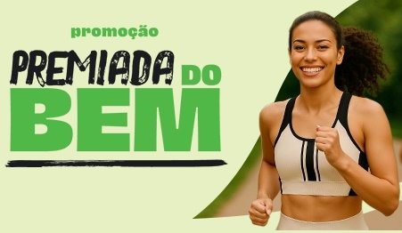 Imagem promocional da campanha “Premiada do Bem” da marca YoBem, destacando uma mulher em movimento e o título da promoção, reforçando o estilo de vida saudável e a recompensa instantânea de R$10 em cartão virtual ao participar da ação no Ceará.