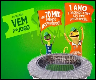 Mascotes da promoção “Vem Pro Jogo” da Petrobras Premmia segurando bandeiras com mensagens de prêmios e torcida, sobre um estádio de futebol.