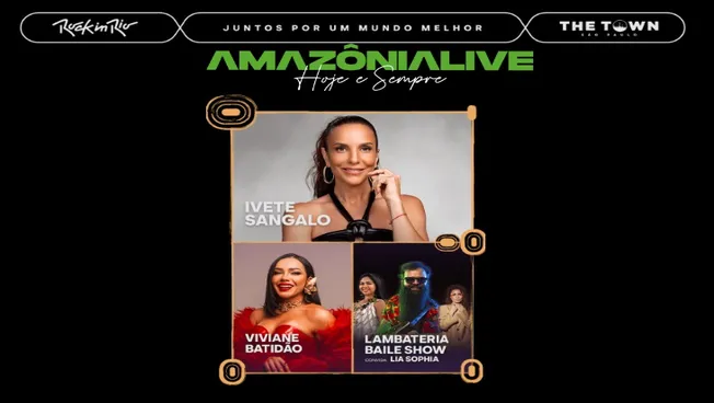 Material oficial de divulgação do Amazônia Live — show gratuito que acontece dia 20 de setembro de 2025 no Estádio do Mangueirão, em Belém, reunindo grandes artistas para promover a preservação da floresta amazônica.