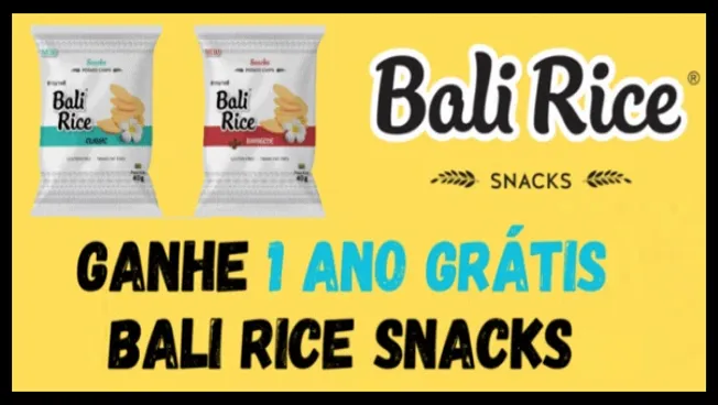 Participe da promoção Bali Rice e concorra a 1 ano de snacks saudáveis grátis.  Descrição: Imagem promocional da campanha Bali Rice Snacks, que oferece a chance de ganhar 1 ano grátis de snacks crocantes nos sabores Clássico e Barbecue.