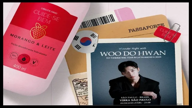Imagem promocional de O Boticário destacando a loção Morango & Leite, passaporte, ingresso para o fanmeeting Woo Do Hwan e elementos de viagem, convidando para participar do concurso cultural que leva fãs à Coreia do Sul