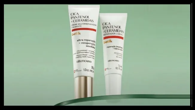 A imagem mostra os produtos Botik CICA Pantenol + Ceramidas, creme multirreparador calmante e reparador labial, oferecidos na promoção nacional do O Boticário, com destaque para o design das embalagens e a proposta de ultra reparação imediata para a pele.