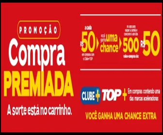 Banner da Promoção Compra Premiada Rede TOP 2025 com informações de prêmios e chances extras.
