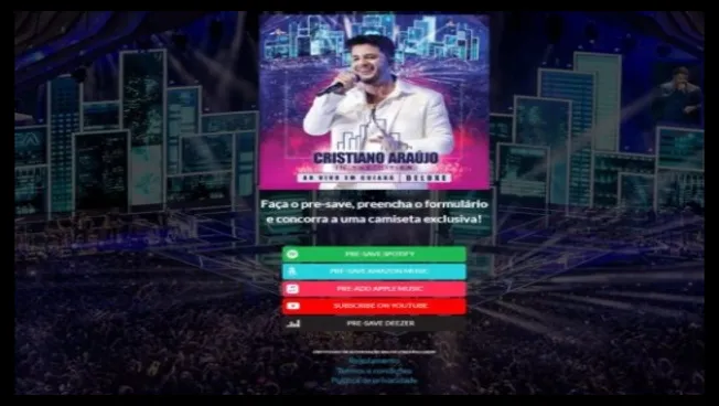 Imagem oficial da promoção cultural organizada pela Sony Music e DAY 1 Entertainment, destacando Cristiano Araújo no palco e instruções para fazer o pré-save, preencher o formulário e ganhar camisetas exclusivas.
