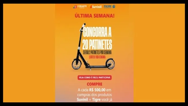 Banner da campanha Férias Premiadas das lojas Corante Tintas, que sorteia patinetes elétricos para clientes que comprarem R$ 500,00 ou mais em produtos Suvinil e Tigre até 31/07/2025.