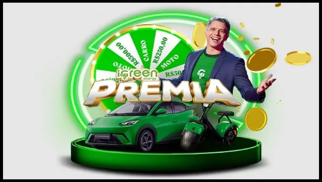 Imagem promocional da campanha iGreen Premia 2025, com destaque para um carro verde, uma scooter elétrica, moedas douradas e roleta com prêmios. A ação é promovida pela iGreen Energia e premia usuários que indicam amigos pelo aplicativo oficial.