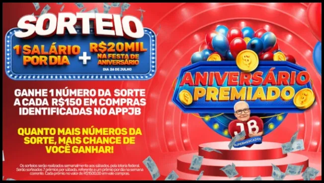 Imagem publicitária da campanha Aniversário Premiado JB Supermercados com fundo vermelho vibrante, balões, moedas e notas voando. Destaque para o sorteio de "1 salário por dia" e prêmio especial de R$20 mil no dia 26 de julho. Participação a cada R$150 em compras identificadas no App JB.