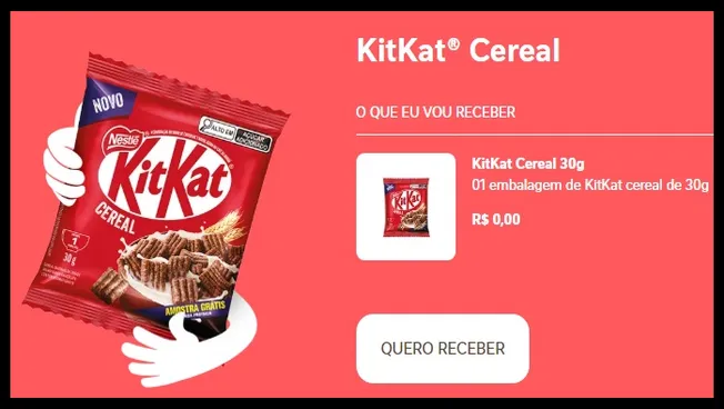 Imagem promocional mostrando o KitKat® Cereal em embalagem de 30g, disponível como amostra grátis para consumidores cadastrados no site Eu Quero Nestlé.