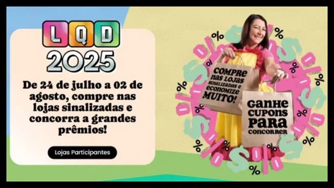 Arte oficial da campanha Liquida Campina 2025 destacando o período de 24 de julho a 02 de agosto, incentivo para compras nas lojas sinalizadas, geração de cupons e chance de ganhar prêmios, com destaque visual em azul, verde e amarelo.