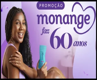 Mulher sorrindo segura produto Monange em campanha de 60 anos da marca, com fundo em tons de lilás.
