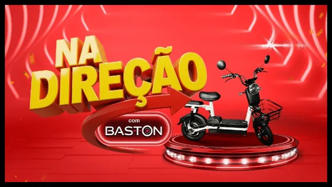 Imagem promocional da campanha Na Direção com Baston, destacando o prêmio principal (scooter elétrica) em um cenário moderno e vibrante para incentivar a participação dos clientes do Rio Grande do Sul.