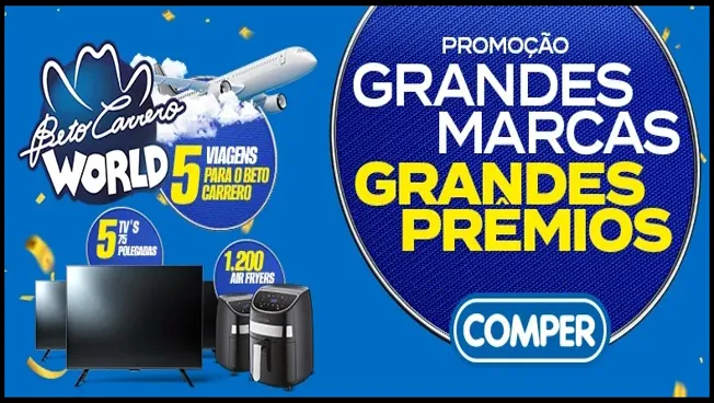 Imagem oficial da campanha Grandes Marcas Grandes Prêmios Comper 2025, destacando os prêmios oferecidos, como viagens para o Beto Carrero World, televisores e air fryers, com fundo azul e elementos gráficos de destaque.