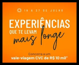 Banner laranja da promoção Férias 2025 do Outlet Premium Imigrantes com frase “Experiências que te levam mais longe” e destaque para vale-viagem CVC de R$10 mil.