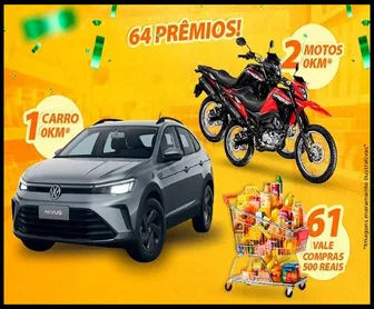 Imagem promocional da campanha de 64 anos do Supermercado Fonseca com sorteio de 1 carro 0km, 2 motos 0km e 61 vales-compras de R$500.