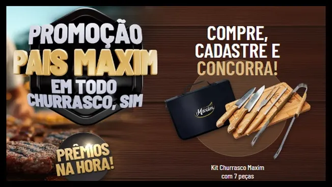 Imagem oficial da Promoção Pais Maxim 2025 destacando os prêmios: kit churrasco com 7 peças, incluindo tábua de bambu e estojo personalizado.