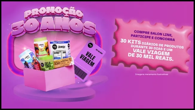 A imagem mostra a arte oficial da promoção de aniversário de 30 anos da Salon Line, com uma caixa rosa aberta exibindo produtos capilares e um cupom de vale-viagem. Ao fundo, destaque para o texto: Compre Salon Line, participe e concorra a 30 kits diários durante 30 dias e um vale viagem de 30 mil reais.