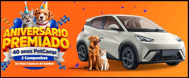 Promoção Petcamp 2025: compre produtos das marcas Origens, Magnus e Fórmula Natural, ganhe cupons a cada R$50 e participe do sorteio de um carro elétrico BYD Mini Dolphin zero km. Oferta válida em lojas físicas e online em todo o Brasil, para clientes cadastrados no programa Fidelidade Petcamp.