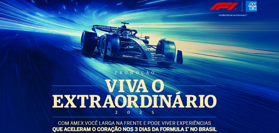 Imagem oficial da promoção Viva o Extraordinário 2025 da American Express, destacando um carro de Fórmula 1 e o slogan que convida clientes a concorrer a pacotes VIP para o GP São Paulo, incluindo ingressos Paddock Club e hospedagem no Hotel Fasano.