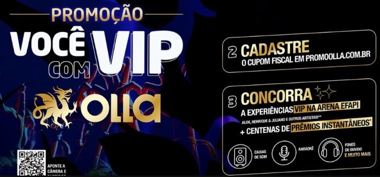 Participe da Promoção Você VIP com Olla 2025 e concorra a ingressos VIP para shows de artistas como Hugo & Guilherme, Zé Neto & Cristiano, Gusttavo Lima, Henrique & Juliano e Alok. Ganhe também prêmios instantâneos em PicPay e aproveite experiências exclusivas no Sul do Brasil.