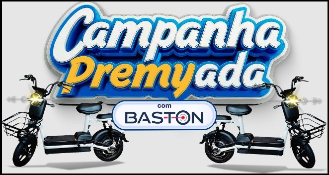 Imagem promocional da Campanha Premiada Baston, mostrando uma scooter elétrica novinha em destaque, com logotipos das marcas ABOVE®, PURO AR®, TEC BRIL®, SUPER DOM e PRO INSET®. A promoção é válida no Paraná (PR), e você pode participar até 30/01/2026. Cada R$ 15,00 em produtos participantes em um cupom fiscal cadastrado garante 1 número da sorte para concorrer.