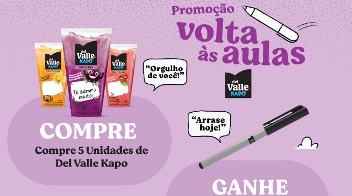 Imagem promocional da campanha Kapo 2025 Volta às Aulas, destacando os sucos Del Valle Kapo nos sabores Abacaxi, Laranja, Maracujá, Uva, Frutas Cítricas, Maçã e Morango, ao lado da caneta permanente que é o brinde da promoção. Perfeito para começar o ano letivo com estilo, praticidade e diversão. Promoção válida até 13/09/2025 em MG, MS, PR, RJ, RS, SC e SP.  Se quiser, posso criar também uma versão mais chamativa para redes sociais, mantendo SEO e engajamento visual. Quer que eu faça?