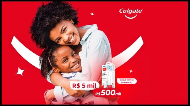 Promoção Colgate 2025 “Sorriso Saudável, Futuro Brilhante”. A imagem mostra os principais prêmios da campanha: escovas Philips-Colgate Sonic Pro 10, certificados de ouro de R$5.000 e o super prêmio final de R$500.000. Participe comprando produtos da linha de cuidado oral da Colgate, cadastrando seu cupom fiscal no site oficial, e concorrendo em sorteios semanais e final. Promoção válida 01/09/2025 a 29/11/2025, abrangência nacional.