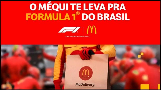 Arte promocional do McDonald’s destacando a campanha “Meu Méqui No Pódio 2025”, que oferece aos clientes a chance de ganhar ingressos para o Grande Prêmio de São Paulo de Fórmula 1.