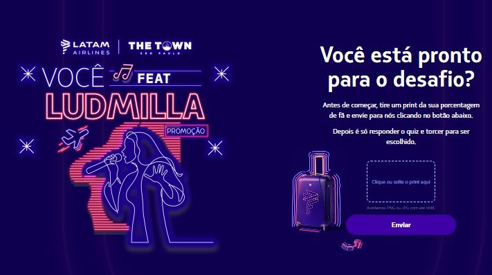 Promoção LATAM 2025: três fãs terão a chance de conhecer Ludmilla de perto em São Paulo, com passagens aéreas inclusas. Participe ouvindo as músicas da artista no Spotify e responda ao Quiz para ganhar!