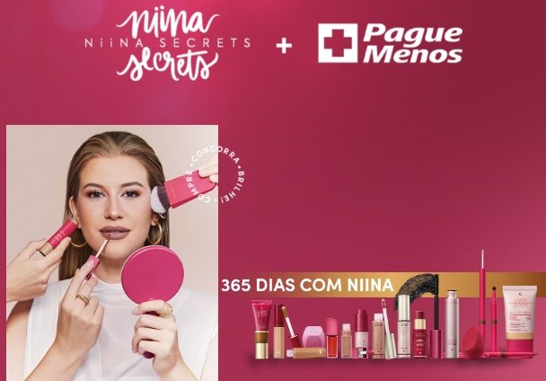 Imagem promocional da campanha 365 Dias com Niina Secrets 2025, mostrando a oportunidade de ganhar vale-compras mensais no valor de R$417, válido durante 12 meses, ao comprar produtos da linha Niina Secrets nos sites parceiros Pague Menos e Extrafarma. Perfeito para quem ama beleza e praticidade.
