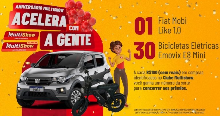 Imagem da Promoção Multishow Aniversário 2025 mostrando o Fiat Mobi 0 km e as bicicletas elétricas EMOVIX. A campanha acontece no Espírito Santo de 14/08/2025 a 16/09/2025. Para participar, baixe o aplicativo Clube Multishow, faça seu cadastro e registre compras acima de R$ 100. Cada R$ 100 gera um número da sorte, aumentando suas chances de ganhar prêmios incríveis.